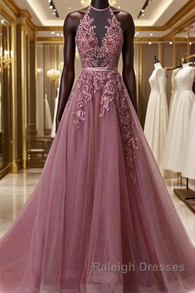 Halter Neck Backless Lace Prom Dresses, Open Back Halter Neck Lace Formal Evening Dresses Main image