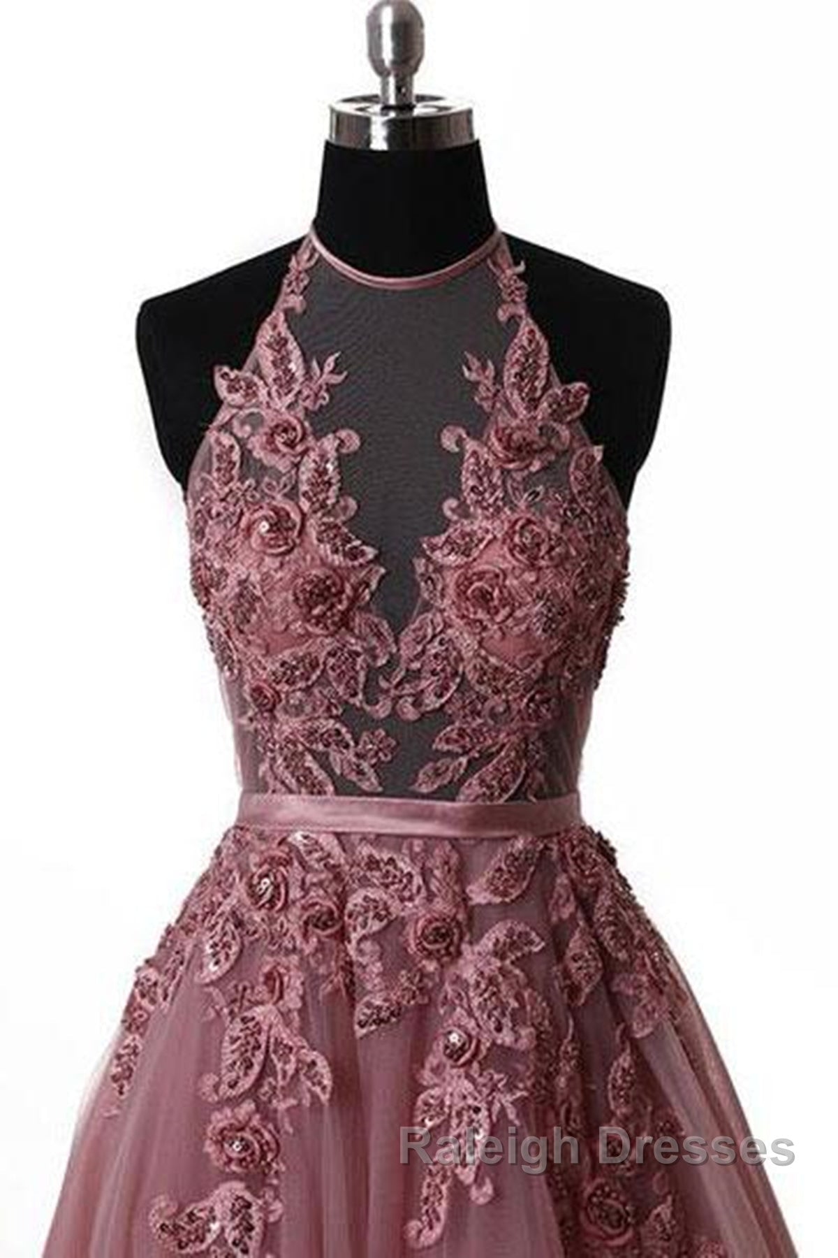Halter Neck Backless Lace Prom Dresses, Open Back Halter Neck Lace Formal Evening Dresses Secondary image