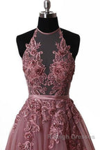 Halter Neck Backless Lace Prom Dress Open Back Halter Neck Lace Prom Dress