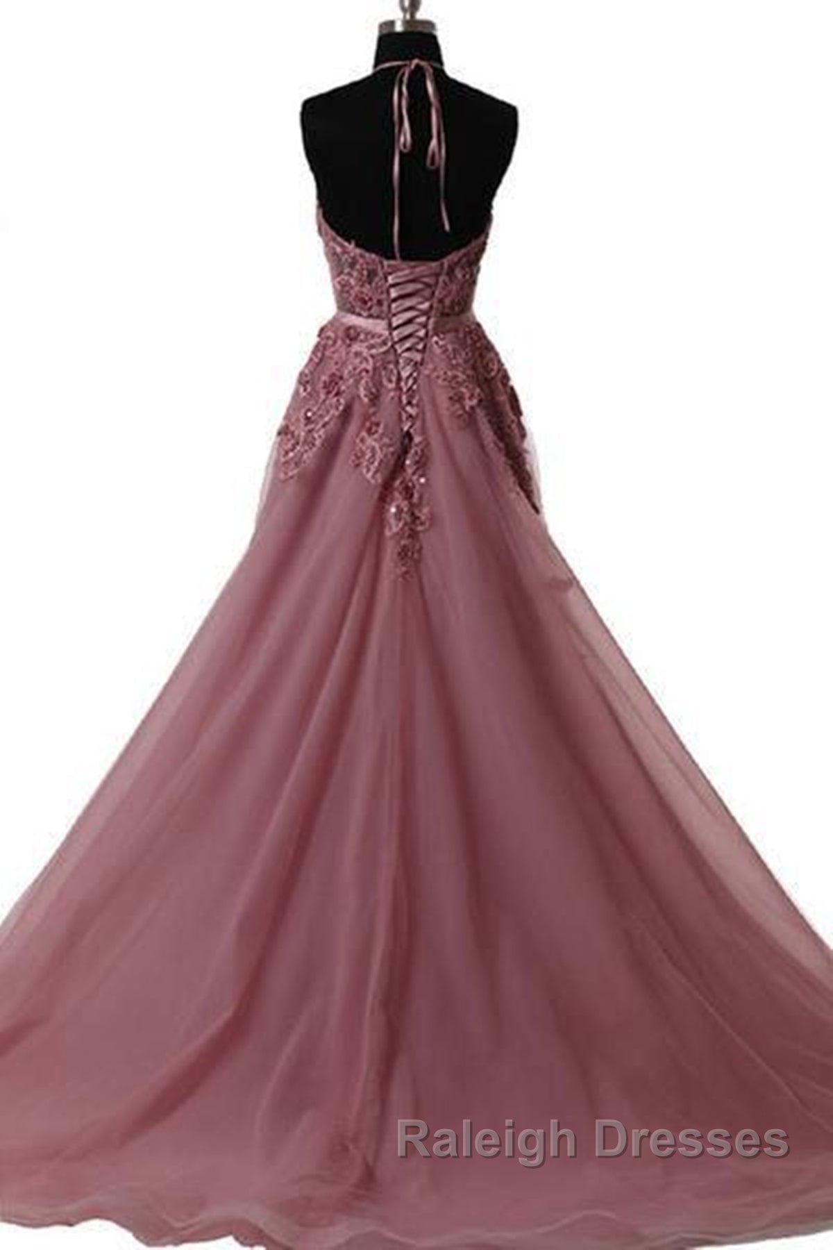 Halter Neck Backless Lace Prom Dress Open Back Halter Neck Lace Prom Dress