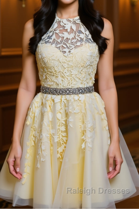 Halter Neck Backless Short Yellow Lace Prom Dress, Yellow Lace Formal Graduation Homecoming Dress Main image