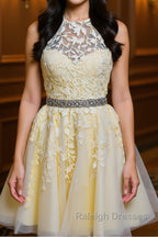 Halter Neck Backless Short Yellow Lace Prom Dresses Yellow Lace Prom Graduation Homecoming Dresses