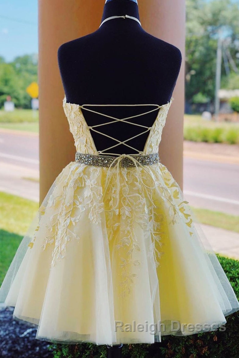 Halter Neck Backless Short Yellow Lace Prom Dress, Yellow Lace Formal Graduation Homecoming Dress Secondary image
