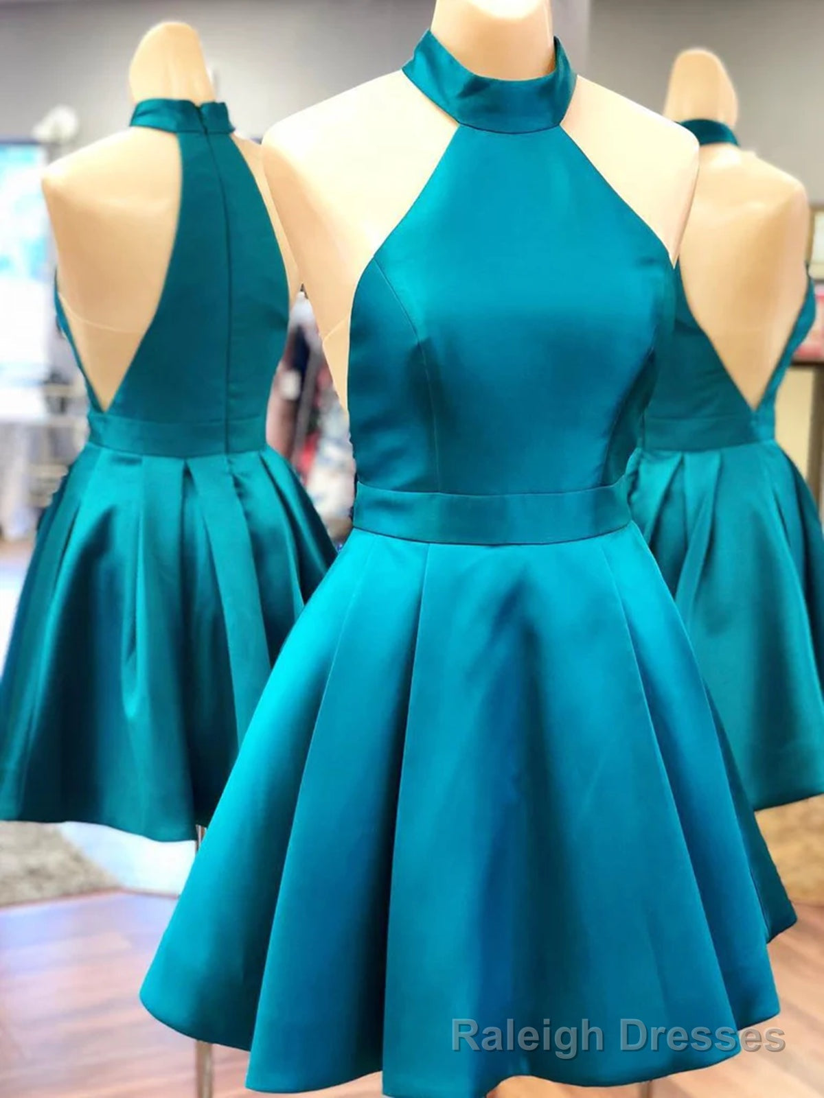 Halter Neck Blue Satin Short Prom Dresses, Halter Neck Short Graduation Homecoming Dresses Main image