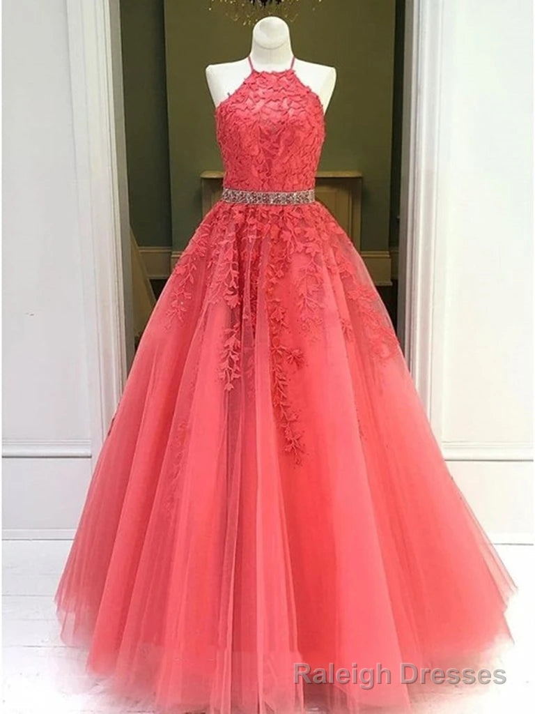 Halter Neck Coral Lace Tulle Long Prom Dresses, Halter Neck Coral Lace Formal Evening Dresses