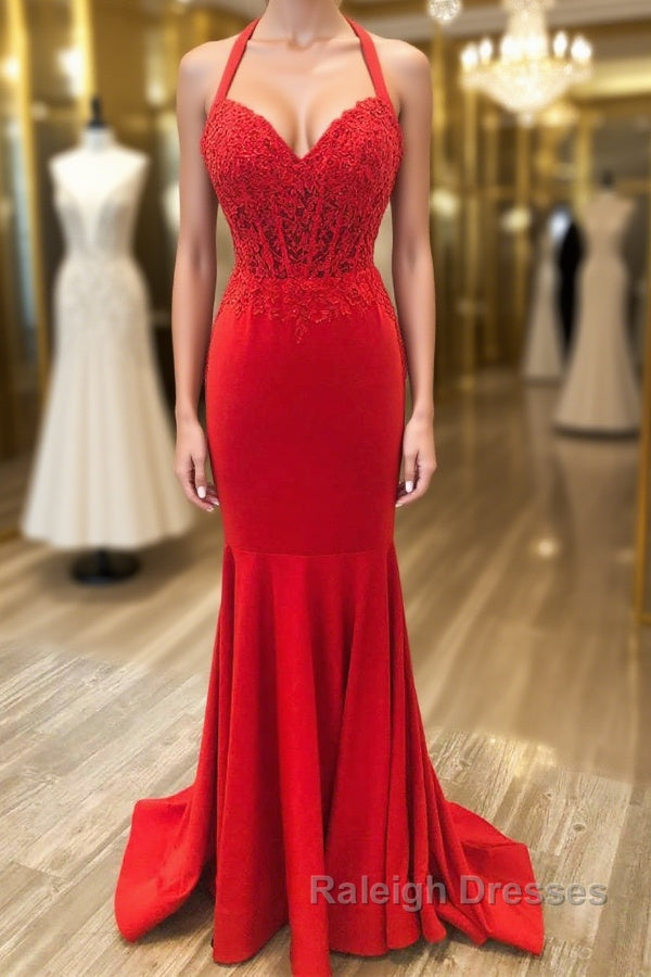 Halter Neck Mermaid Backless Red Lace Long Prom Dresses, Mermaid Red Formal Dresses, Red Lace Evening Dresses