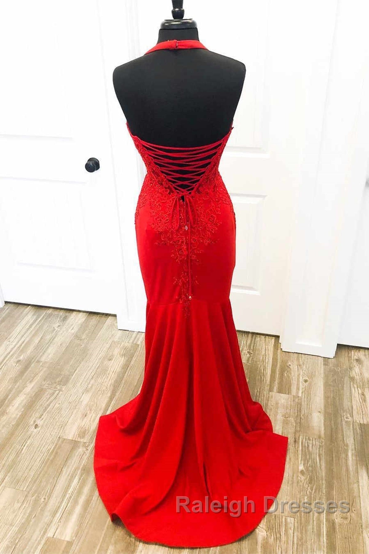 Halter Neck Mermaid Backless Red Lace Long Prom Dresses, Mermaid Red Formal Dresses, Red Lace Evening Dresses Secondary image