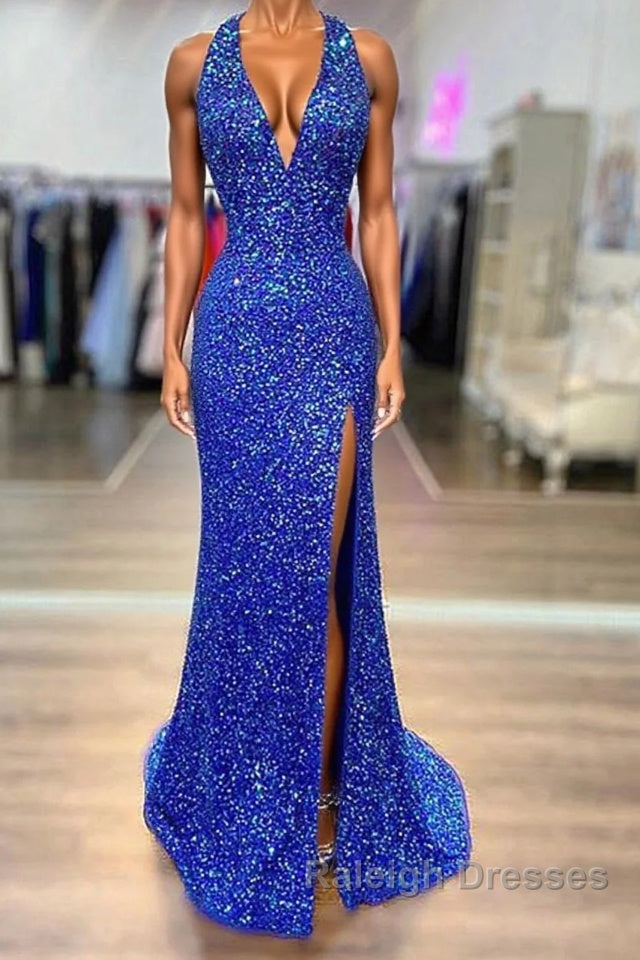 Halter Neck Royal Blue Long Prom Dresses, Shiny Royal Blue Long Formal Evening Dresses