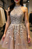 Halter Neck Short Champagne Lace Prom Dress, Champagne Lace Formal Graduation Homecoming Dress