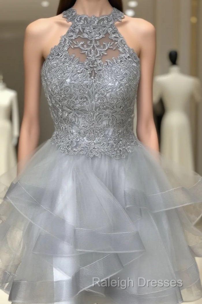 Halter Neck Short Gray Lace Prom Dresses, Short Gray Lace Formal Graduation Dresses