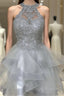 Halter Neck Short Gray Lace Prom Dresses, Short Gray Lace Formal Graduation Dresses