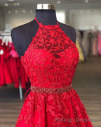 Halter Neck Short Red Lace Prom Dresses, Short Red Lace Formal Homecoming Dresses