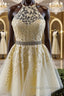Halter Neck Short Yellow Lace Prom Dressesses Backless Short Yellow Lace Prom Homecoming Dress