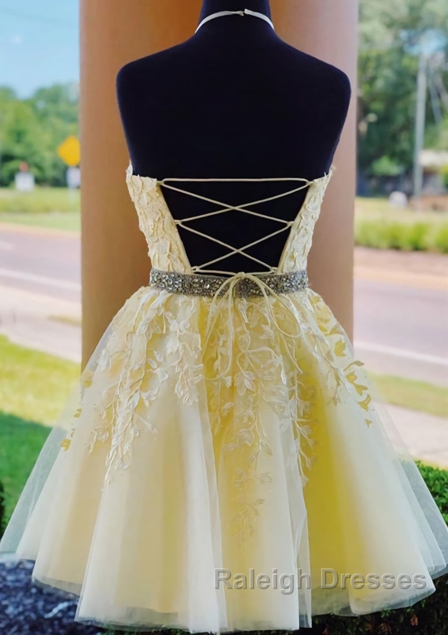 Halter Neck Short Yellow Lace Prom Dressses, Backless Short Yellow Lace Formal Homecoming Dresses Secondary image
