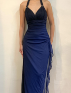 Halter Ombre Navy Blue Long Chiffon Prom Dresses
