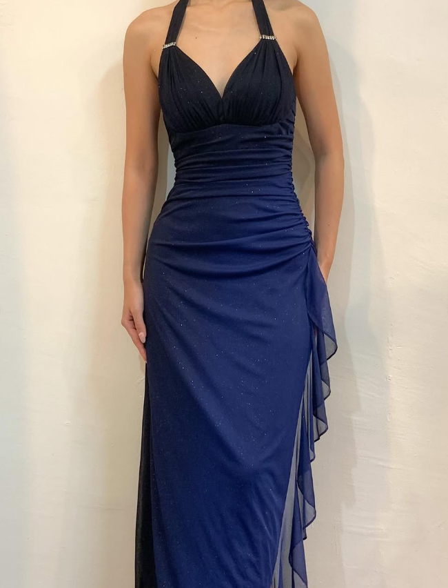 Halter Ombre Navy Blue Long Chiffon Prom Dresses