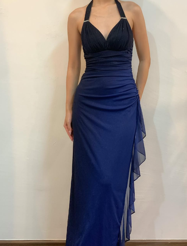 Halter Ombre Navy Blue Long Chiffon Prom Dresses