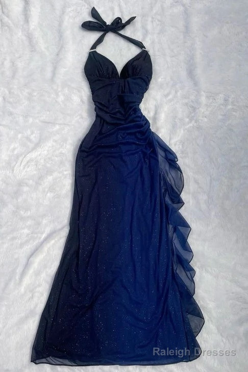 Halter Ombre Navy Blue Long Chiffon Prom Dress Main image
