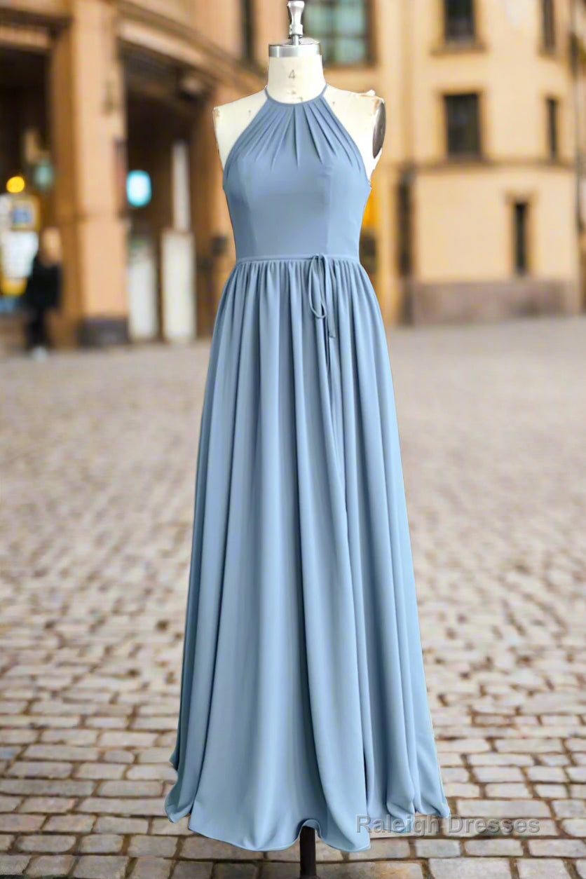 Halter Open Back High Neck Chiffon Long Dusty Blue Plus Size Bridesmaid Dress