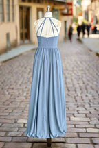 Halter Open Back High Neck Chiffon Long Dusty Blue Plus Size Bridesmaid Dress