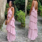 Halter Pink Chiffon Long Prom Evening Dresses Layers Chiffon Custom Made Party Dress