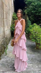 Halter Pink Chiffon Long Prom Evening Dresses Layers Chiffon Custom Made Party Dress