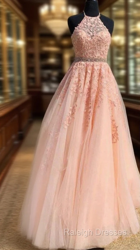 Halter Pink Lace Prom Dresses With Appliques