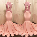 Halter Pink Lace Prom Party Gowns| Mermaid Formal Dresses