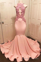 Halter Pink Lace Prom Party Gowns| Mermaid Formal Dresses