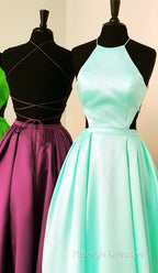 Halter Prom Long Satin Gown Dresses Lace Up Back