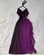 Halter Purple A Line Long Ruffled Prom Dresses