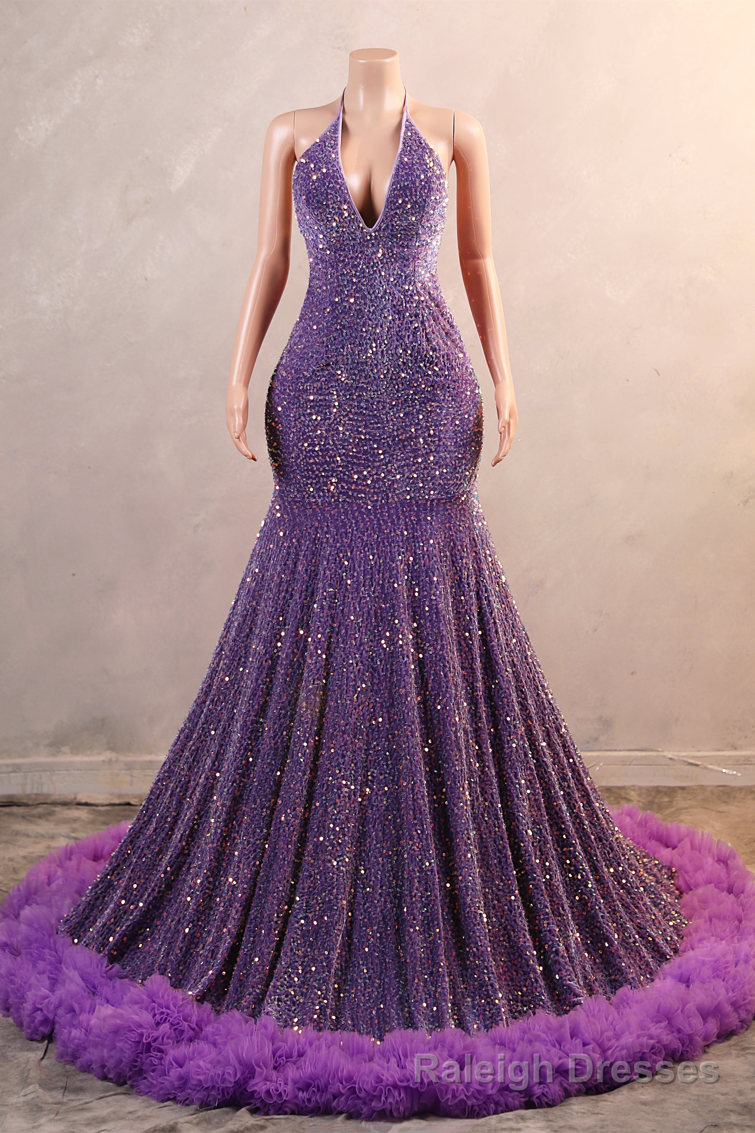 Halter Purple Prom Dresses Sequin Long Evening Dresses with Fringe Main image