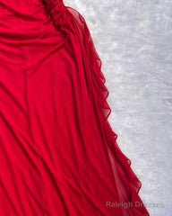 Halter Red A Line Long Prom Dresses Ruffled Evening Dresses