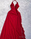 Halter Red A-Line Prom Dress Long Ruffled Prom Dress