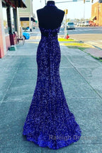Halter Royal Blue Sequin Evening Dresses Uk Long Prom Dress