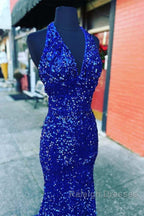 Halter Royal Blue Sequin Evening Dresses Uk Long Prom Dress