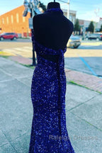 Halter Royal Blue Sequin Evening Dresses Uk Long Prom Dress