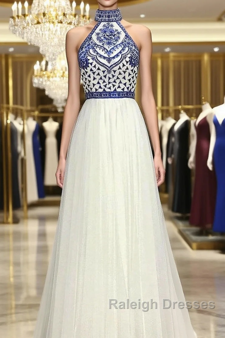 Halter Scoop Neck Tulle Floor-Length Prom Dresses Main image