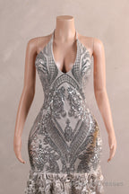 Halter Sequins Mermaid Dress Off Shoulder Deep V Neck Prom Gown Sexy Backless Long Train Prom Prom Prom Gown