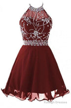Halter Short Backless Chiffon Brown Homecoming Dresses With Beading