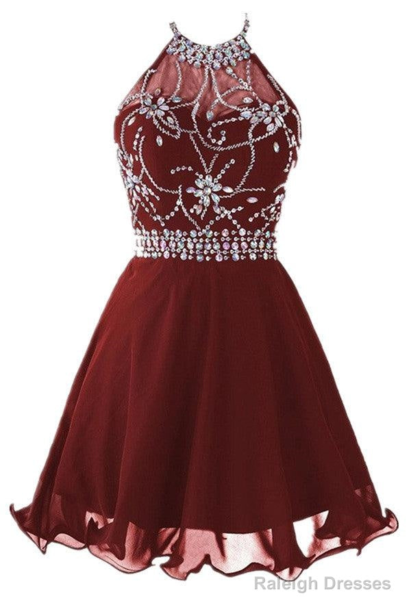 Halter Short Backless Chiffon Brown Homecoming Dresses With Beading Main image