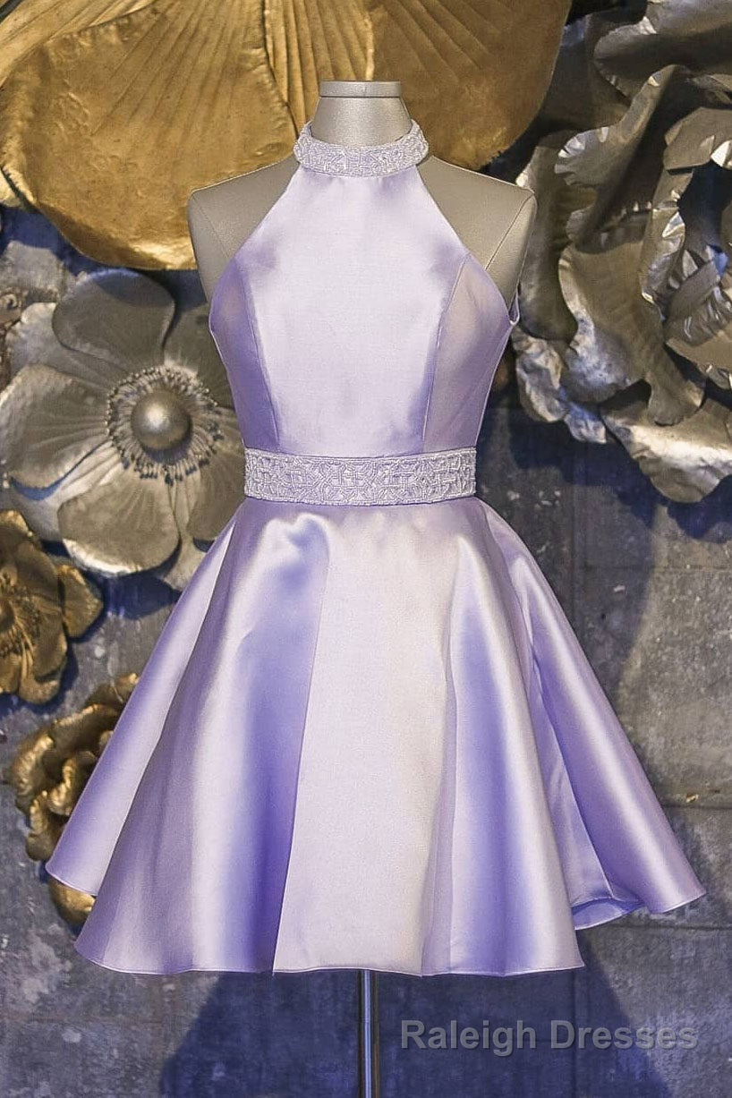 Halter Short Lavender A Line Satin Homecoming Dress with Beading Main image