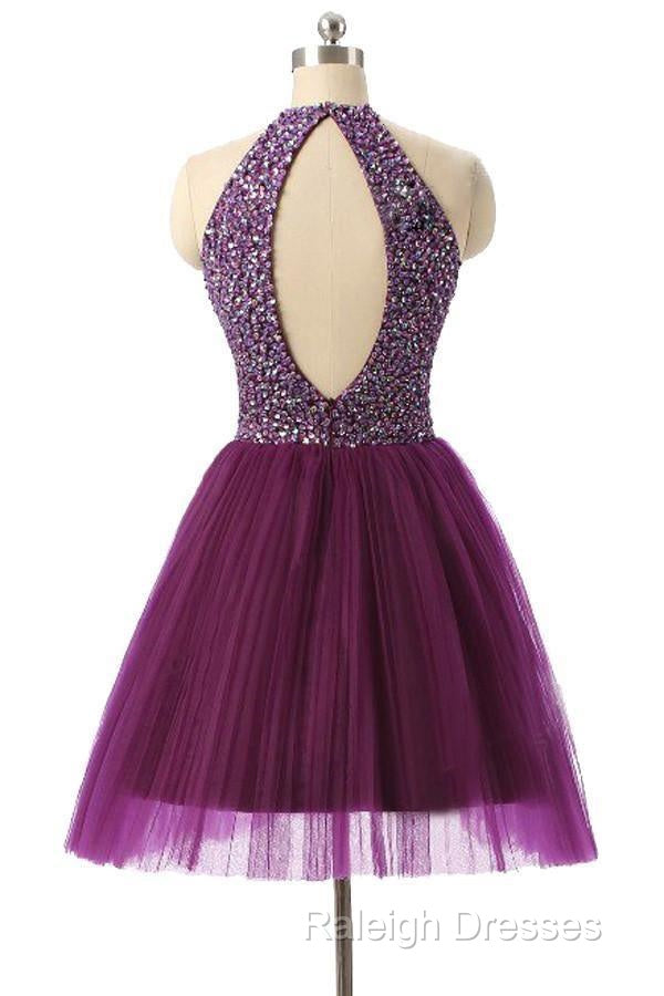 Halter Sleeveless Short Purple Homecoming Dresses Prom Dresses Secondary image