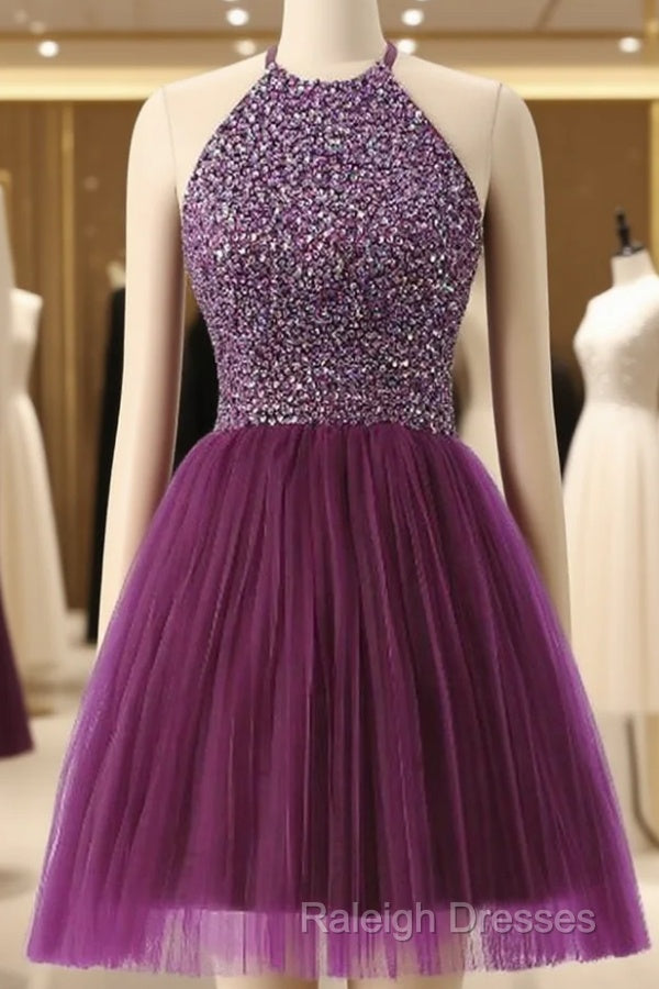 Halter Sleeveless Short Purple Homecoming Dress Prom Dress