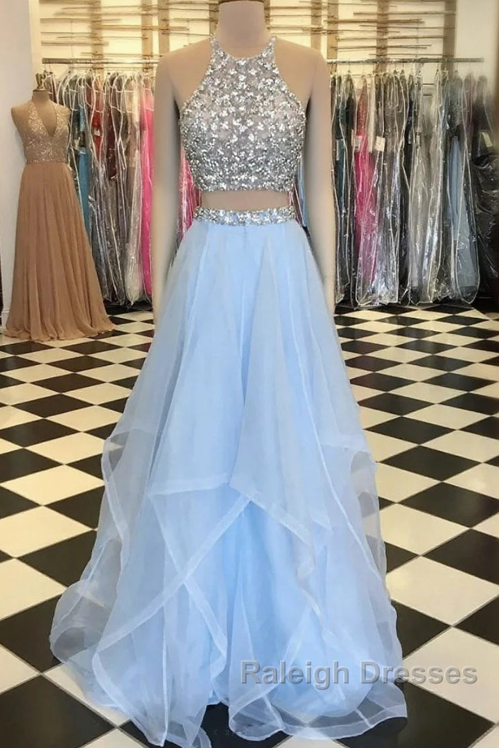 Halter Two Piece Beading Blue Ruffles Tulle Prom Dress Main image