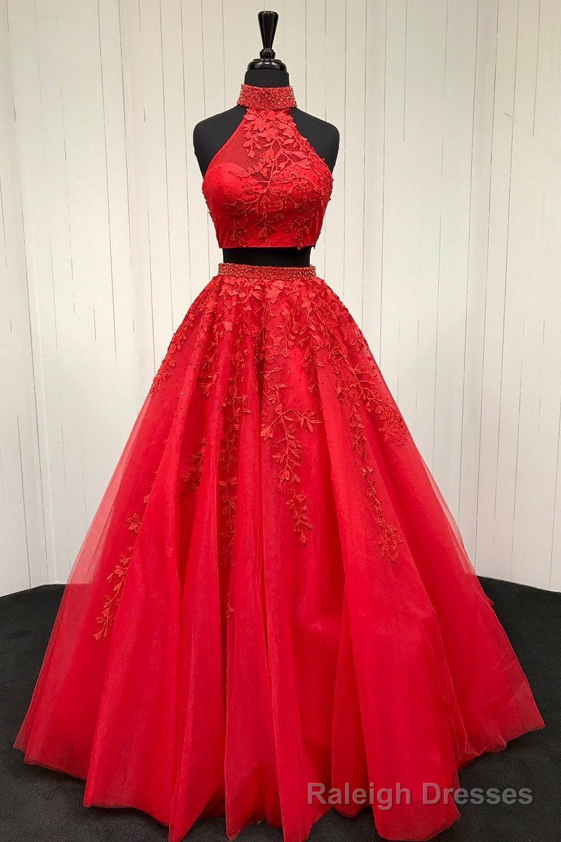 Halter Two Piece Tulle Red Long Prom Dress With Beaded Appliques Secondary image