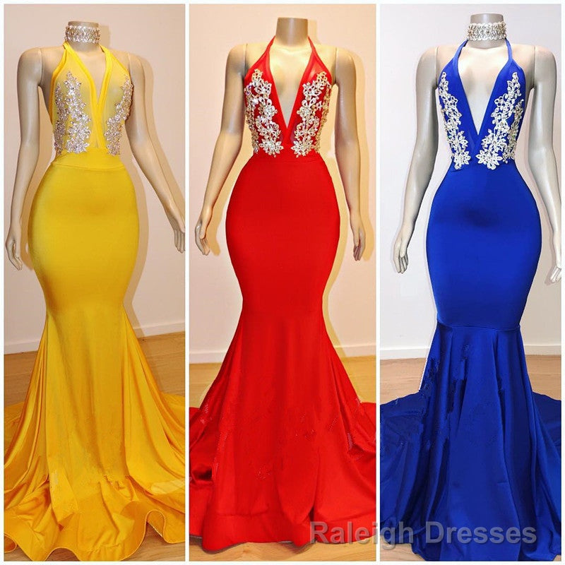 Halter V Neck Appliques Mermaid Long Eveing Gown