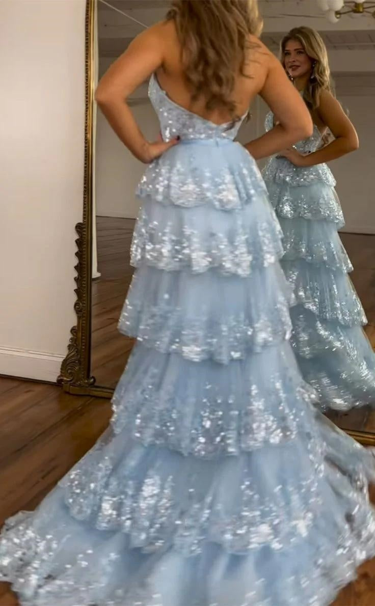 Halter V-Neck Appliques Ruffles Long Prom Dresses