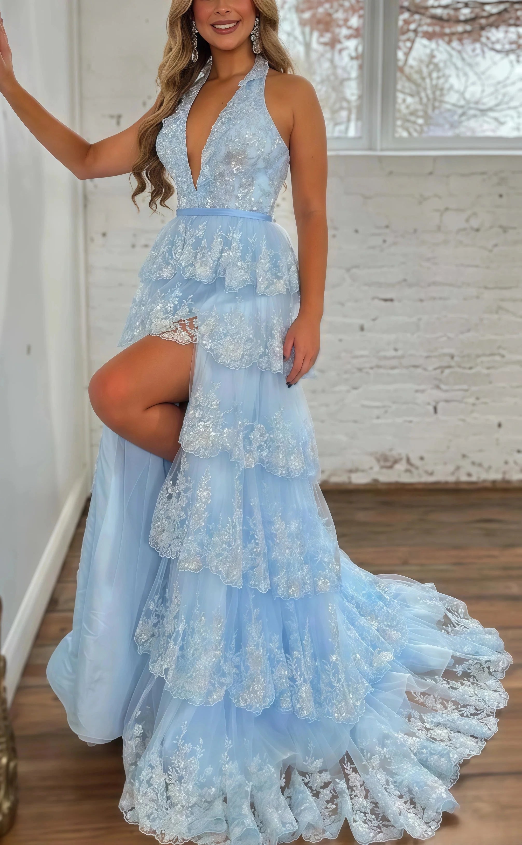 Halter V-Neck Appliques Ruffles Long Prom Dresses