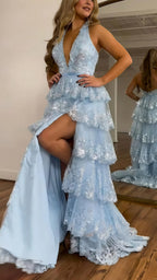 Halter V-Neck Appliques Ruffles Long Prom Dresses